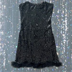 🖤 Black Sequin Mini Dress with Feather Trim 🖤